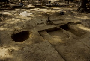 Features 15, 01, and 16, fully excavated, looking west.