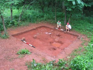 Excavated portion of House 1, showing subfloor pits. Features 1 and 2 are shown excavated, while Feature 3 was excavated at a later date.