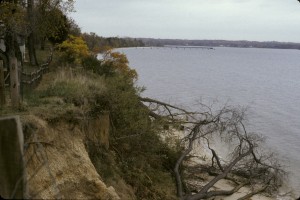 View from bluff, looking west. The Patuxent River is on the right and the modern fence marking the northern limits of the site is visible on the left.