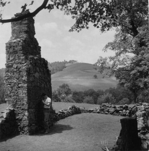 Joinery foundation and chimney after excavation by Oriol Pi-Sunyer, c.1957. Montalto is visible in the distance.