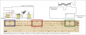 Excerpt from early plan drawing of Mulberry Row, c.1776-1778 (Jefferson: N87) aligned with map of excavations. The Joinery is outlined in red between the