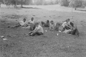 View of New Montpelier Village, with students from the University of West Indies and Johns Hopkins University in the foreground. Photograph taken February 1973.