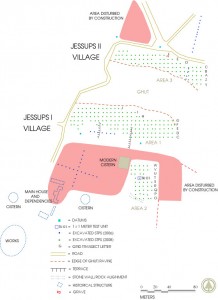 Site plan of Jessups I and II survey areas compiled by DAACS using 2006 and 2008 Total Station data and 1750 Jessups Plat. Shows areas disturbed by recent development.
