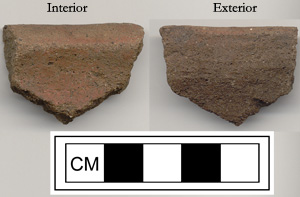 Locally-made coarse earthenware, often referred to as Afro-Caribbean Ware, excavated from a STP at Jessups II.