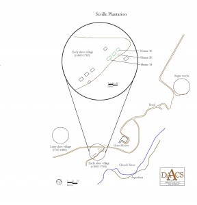 DAACS-digitized plan of Seville Plantation showing locations of early and late villages, planter's residence and sugar works.