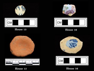 Carved ceramic "gaming pieces" found at Houses 15 and 16.