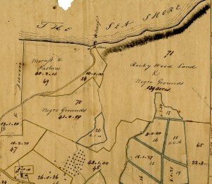 Detail of the 1799 plat, showing location of village, main house, provision grounds, and wharf.