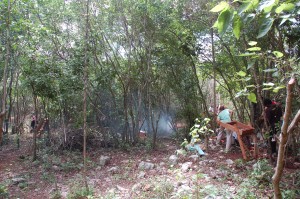 Looking west from Unit 2 toward Unit 3, across the earthen terrace.