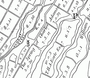 Detail of 1828 McMahon map showing slave village, windmill, and field associated with "The Spring of Charles Adamson, Esq."