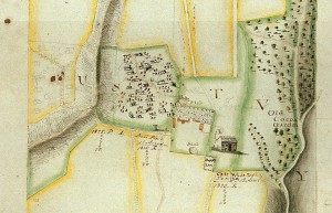 Excerpt from the 1755 plat of Jessups Estate. This excerpt show the main house and works complex on the right, the early slave village, Jessups I, in the center, and the 19th-century slave village, Jessups II, penciled in on the left.