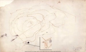 Survey showing house, offices, and four roundabouts (location of Stewart-Watkins magnified), N225 (Jefferson 1803). Courtesy of the Massachusetts Historical Society.