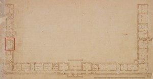 Jefferson's plan drawing of Monticello Mansion with a dry well labeled in the South Dependency wing (Jefferson: N56).