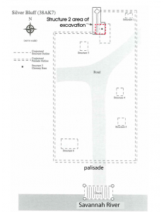 Figure 1. Silver Bluff plan map showing location of Structure 2, the site in DAACS. Courtesy of Co-Principal Investigator Mark Groover.