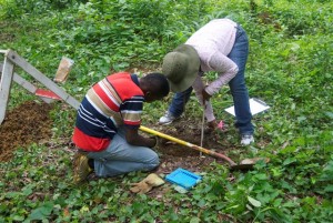Recording stratigraphic data from a shovel test pit in Area 1. 
