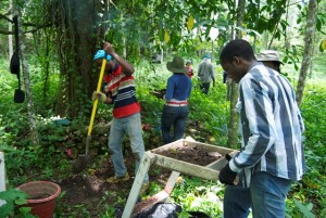 Screening shovel test pit sediments in Area 1.