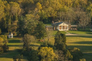 Mr. Madison's Temple and the Mansion West Elevation after the house was restored to its ca. 1812 appearance ca. 2008. Image courtesy of Montpelier Foundation.
