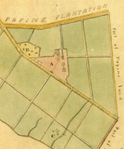 1779 survey map of Mona Estate showing (A) Mona Works, (B) Mona Village, and (C) Mona Great House. Library of Jamaica.