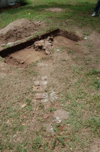 Excavation units opened in May 2011 around what are likely the remains of the middle period Mona Great House foundation, visible on the ground surface.