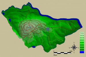 Topographic map showing the locations of the Monticello Mansion and Sites 7 and 8.