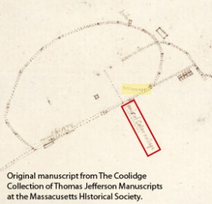 N204: Jefferson survey (c.1806) with "axis of cellar passage" outlined in red and angled kitchen road highlighted.