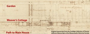 Plan drawing of Mulberry Row (Jefferson N87 c.1776-1778), oriented with north at the bottom.