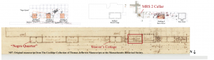 N87; speculative plan of Mulberry Row c. 1776-78 aligned with excavations. The MRS 2 cellar aligns with the proposed plan for building a "Smith Mason's" structure.