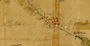 Excerpt from an undated but likely late 18th-century map of the Papine Estate's water system that also shows the location of "Negro Houses", "Gardens" and "Papine Works", which included the mill, boiling house, and distillery. National Library of Jamaica.