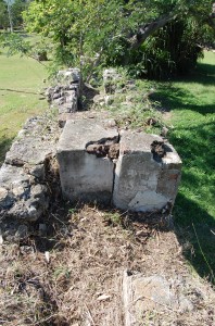 View of the top of the aqueduct showing how the aqueduct was blocked after the Papine mill went out of use. Note the lead solder to the right for flashing that would have diverted water to an area on the ground below.