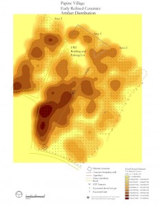Figure 6. Distribution map of early refined ceramics at Papine Village, produced using Kernel Density Estimates.