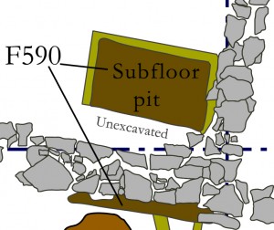 Feature 590, a subfloor pit, pre-dates the limestone foundation of Cabin 3.