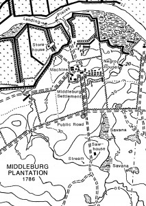 "A Map of Plantations and Properties on the Eastern Branch of Cooper River, Berkeley County, South Carolina, 1780-1825" created by Leland Ferguson and David Babson. This image shows the section of the map that includes Middleburg Plantation.