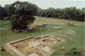 Overview of the Field Quarter area, looking southwest. Cabin 4 is in the grove of trees, while Cabin 3 is in the foreground.