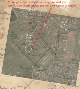 Created by Leslie Cooper in 2008 using GPS points on the August Town Gully, the 1825 map of Mona, and modern Google Earth Images of College Common, this image showed the approximate location of the Mona Great House and provided the basis for field walking