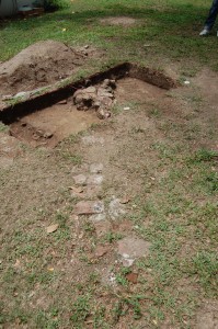 Photograph of Units 1 and 2 in relationship to brick foundation wall fragments likely associated with the Mona Great House.