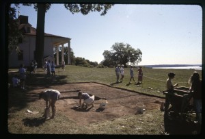 Opening excavation units at the South Grove site, looking north. Mount Vernon mansion on the left.