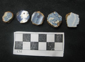 Pearlware gaming pieces excavated from the St. Nicholas Abbey's Worker's Village.
