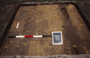 Unit 16, facing North, below topsoil - modern gardening features flagged. Image courtesy of University of Mary Washington.