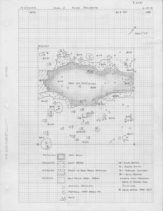 Hand drawn detailed planview map of 10x10 unit 262A Level 2 after recleaning. Note presence of 10s of features identified as posts.